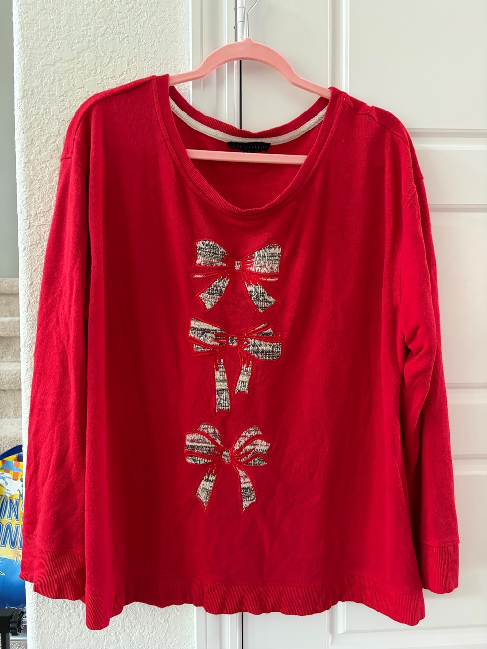Jane and Delancey Red Long-Sleeve Top with Metallic Bow Accents